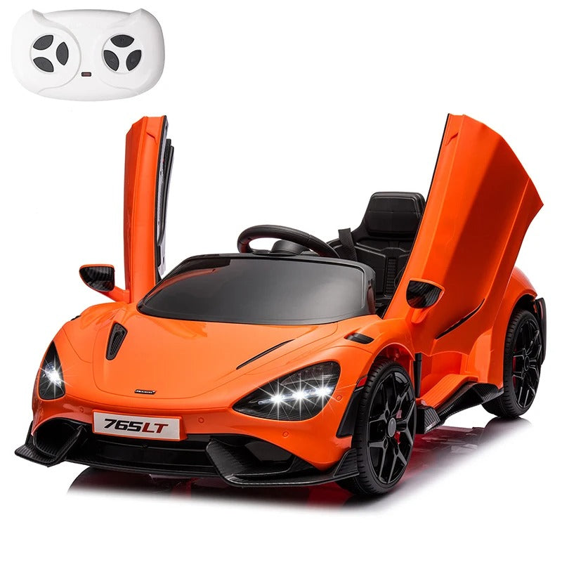 12V Licensed McLaren 765LT Kids Ride-On Car – Hydraulic Doors, Battery Powered Electric Vehicle for Toddlers