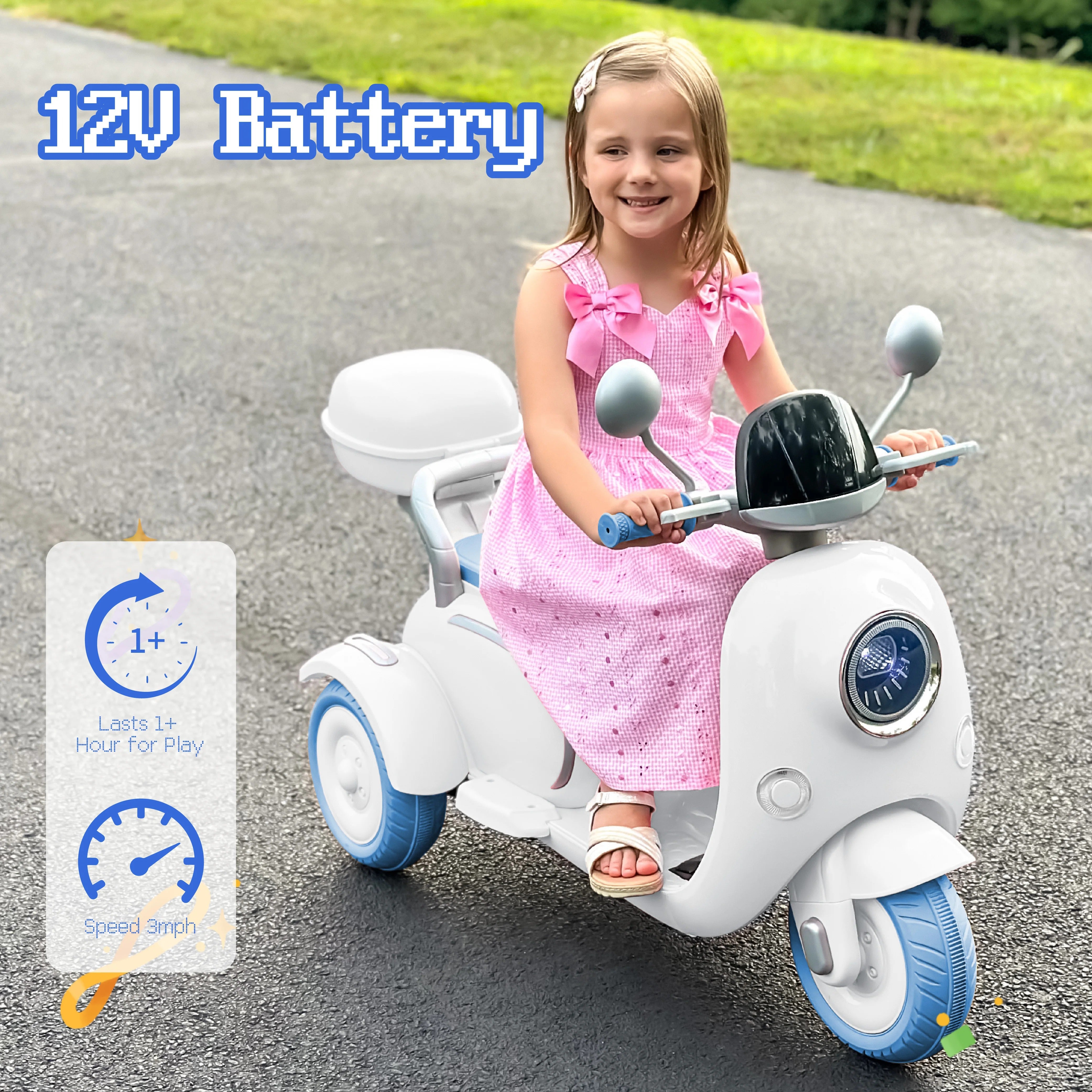 12V Kids Electric 3-Wheel Scooter – Trike with Music, LED & Storage