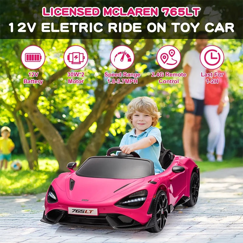 12V Licensed McLaren 765LT Kids Ride-On Car – Hydraulic Doors, Battery Powered Electric Vehicle for Toddlers