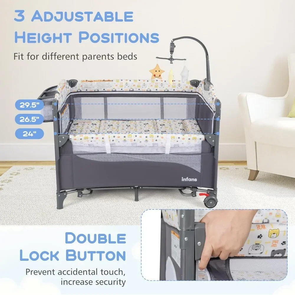 Pack and Play, 5 in 1 Baby Bedside Sleeper with Bassinet, Diaper Changer, Mattress, Carry Bag, Music Box Hanging Toys (Bear)