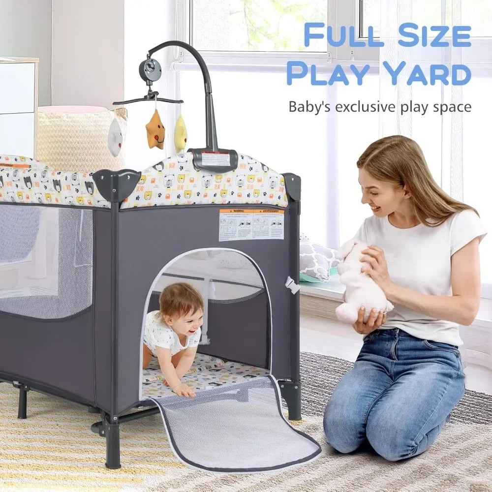 Pack and Play, 5 in 1 Baby Bedside Sleeper with Bassinet, Diaper Changer, Mattress, Carry Bag, Music Box Hanging Toys (Bear)