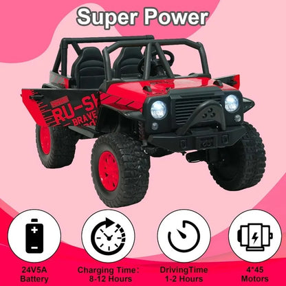 24V 2-Seater 4WD Kids Ride-On UTV – Electric Car with Bluetooth, Spring Suspension | Red