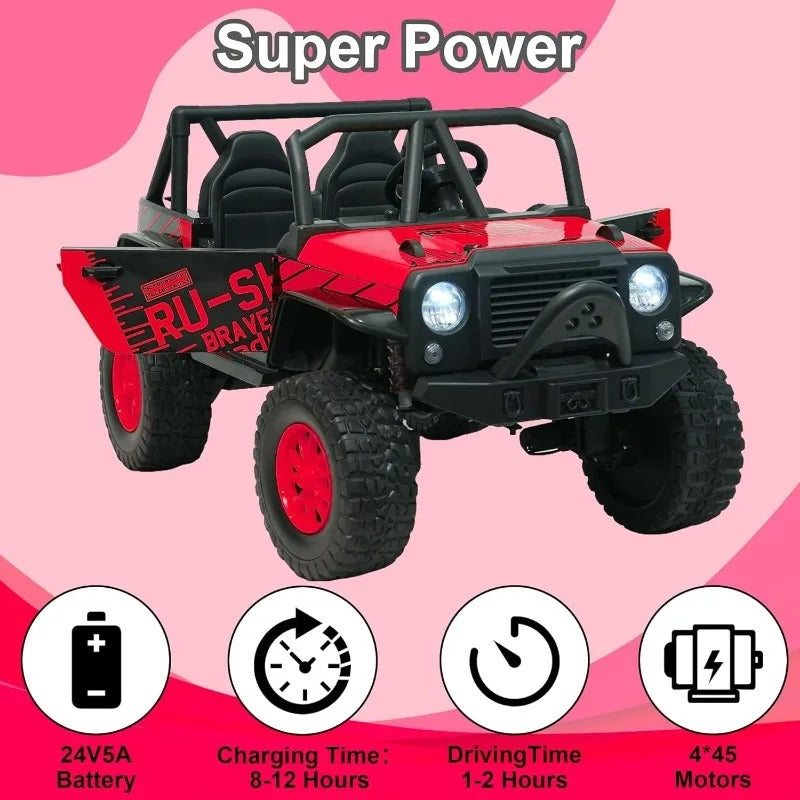 24V 2-Seater 4WD Kids Ride-On UTV – Electric Car with Bluetooth, Spring Suspension | Red