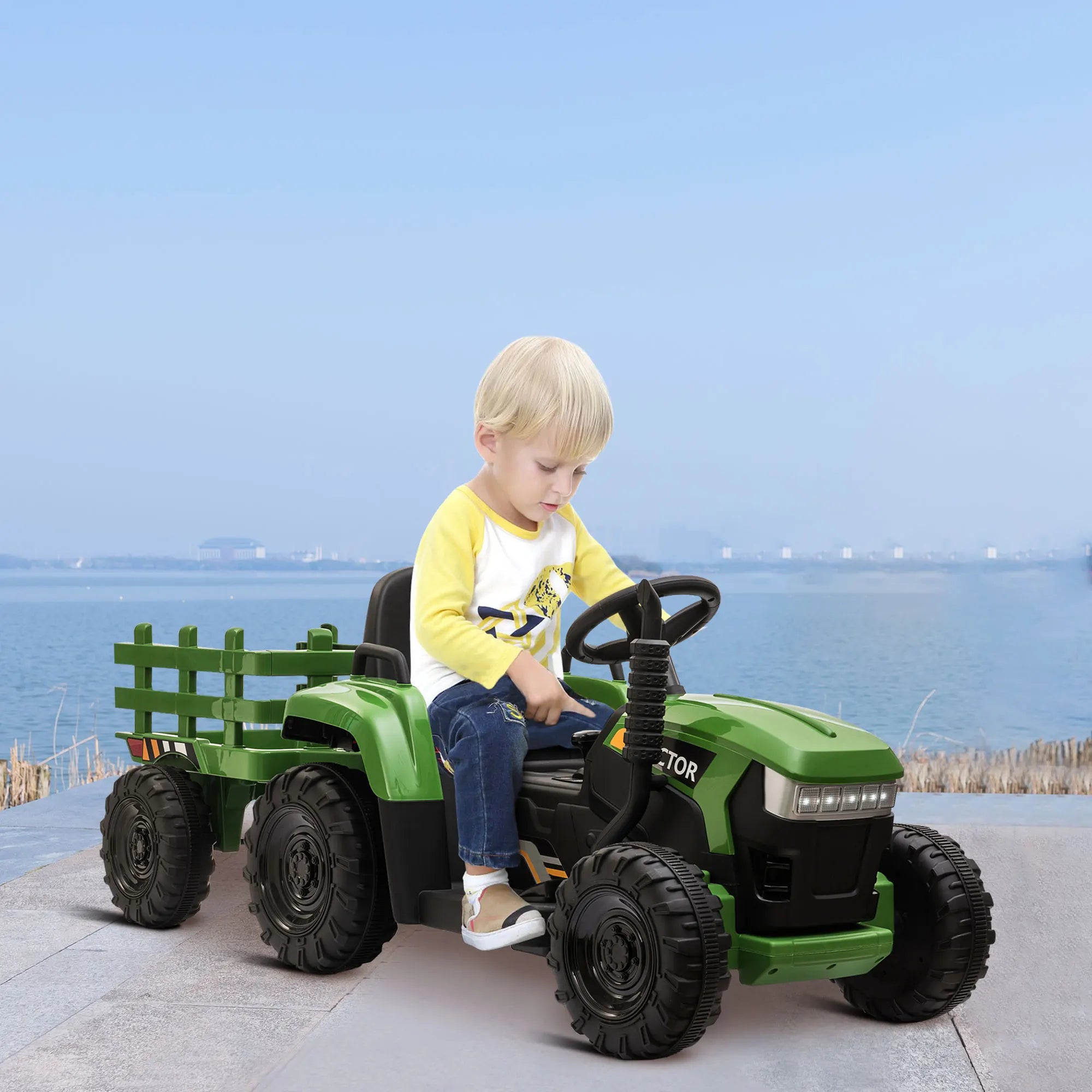 12V Kids Ride On Tractor with Trailer, Battery Powered Electric Car