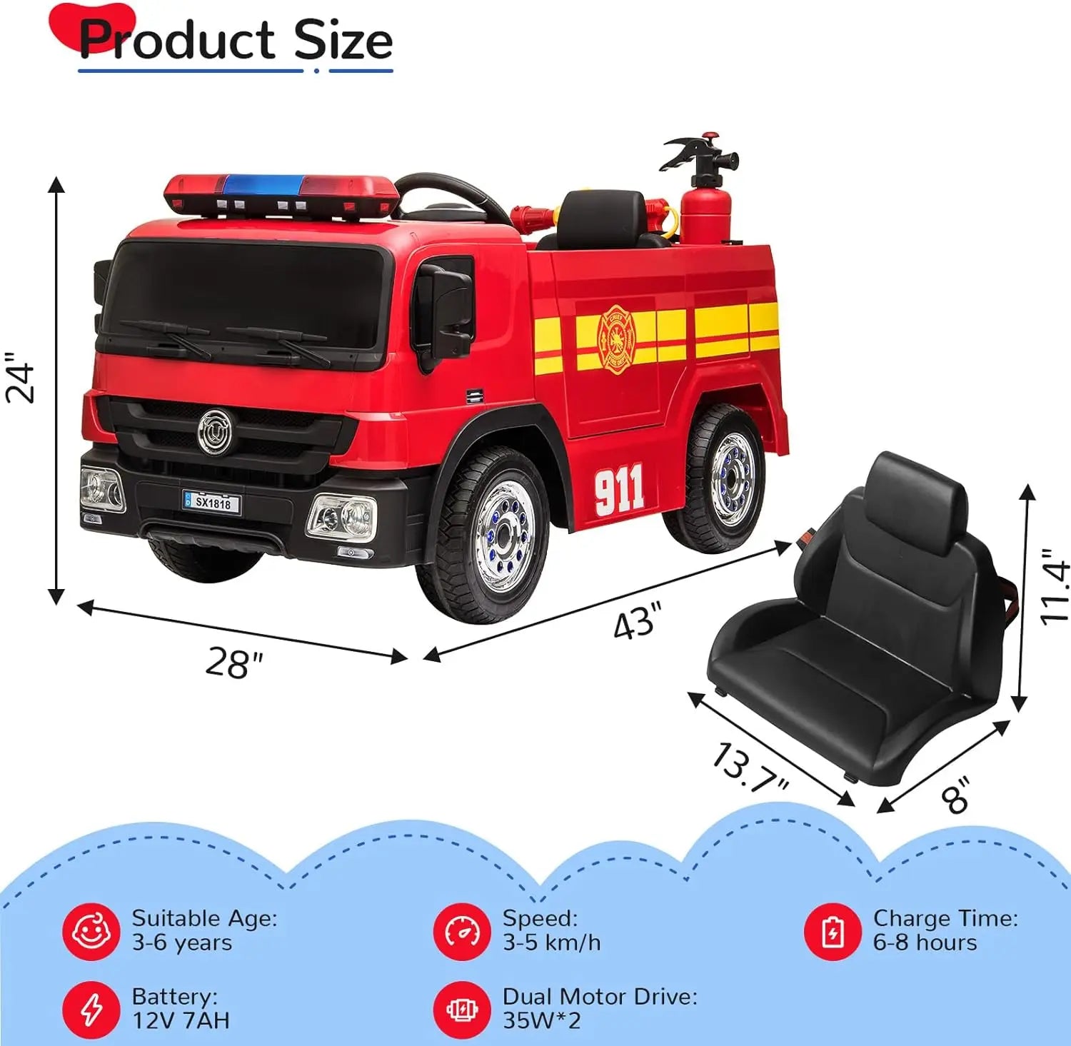 AOOU 12V Ride on Fire Truck, Kids Electric Vehicle