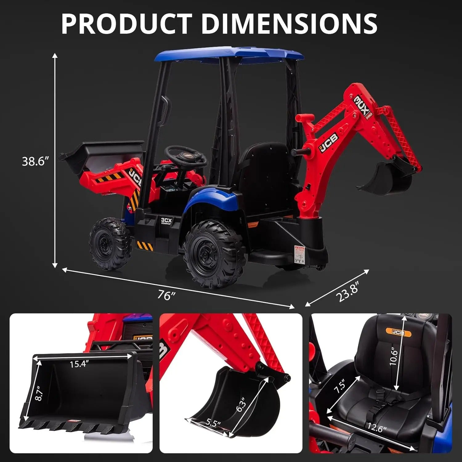 4 in 1 Ride On Excavator Car Toy 12V Kids Electric Vehicle with Remote Control Front Loader Digger Horn Adjustable Seat