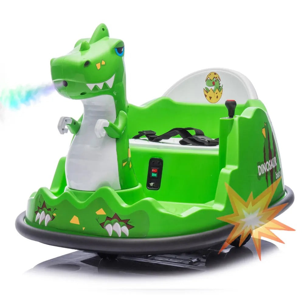 12V Kids Ride on Bumper Car W/Parents Control Dinosaur Shape Element Design 2WD Spray with Light 360 Degree Rotation Safety.