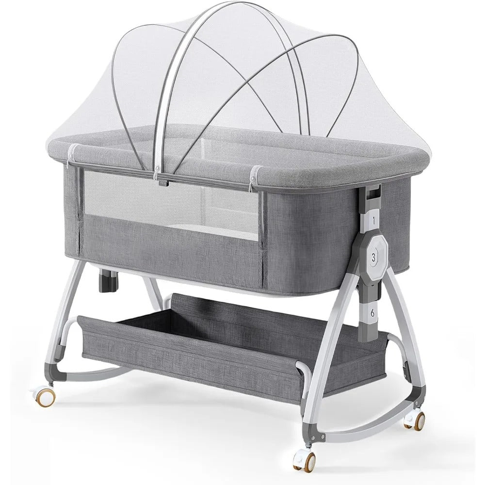 Baby Bassinet 4-in-1 Convertible Bedside Crib, with Mosquito Net & Rocking Mode | 6 Adjustable Heights, Breathable Mesh