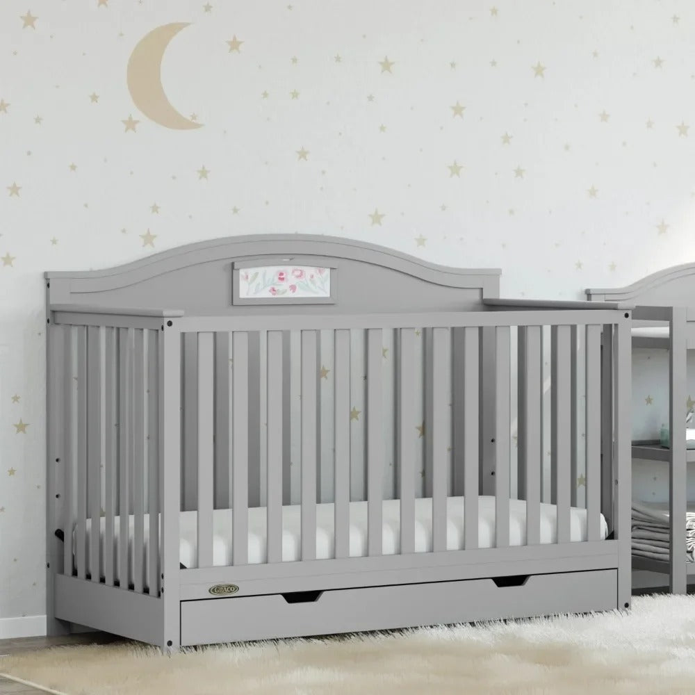 5-in-1 Convertible Baby Crib with Drawer and Reversible Headboard, Pebble Gray