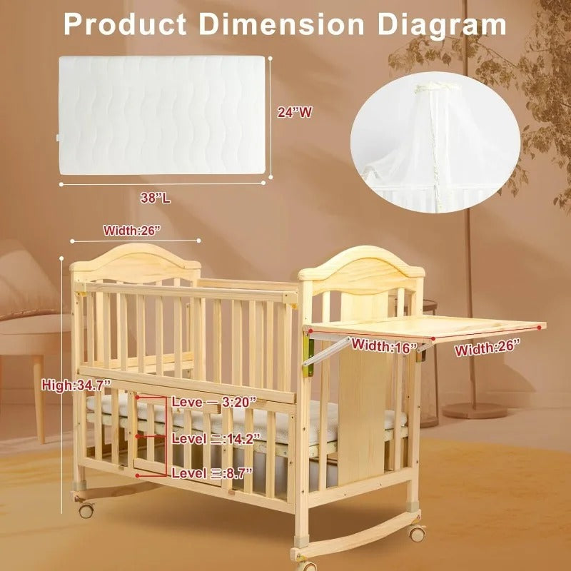 4-in-1 Convertible - Cunas para Bebes with Changing Shelf and Mattress Included,2024 Wood Baby