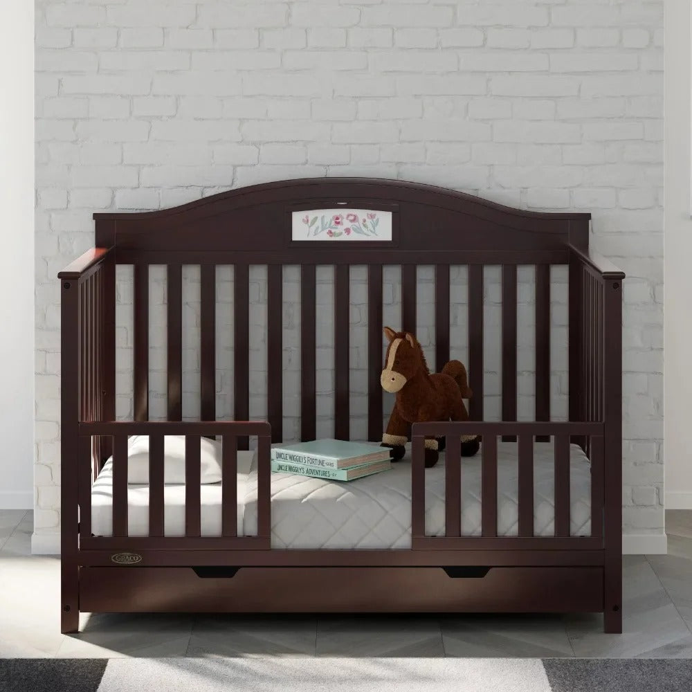 5-in-1 Convertible Baby Crib with Drawer and Reversible Headboard, Pebble Gray
