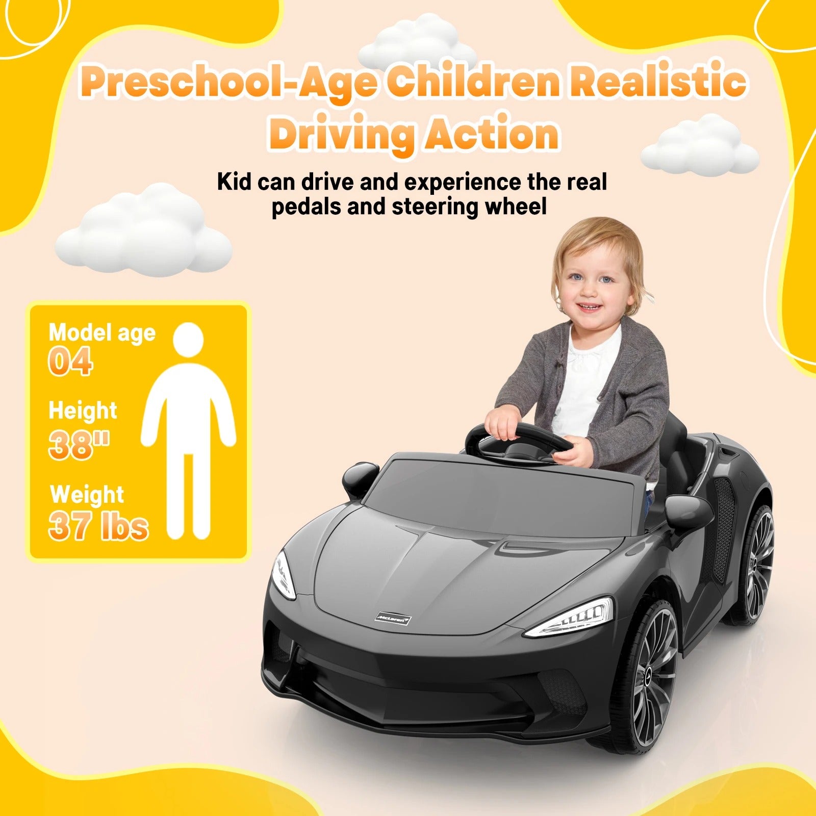 Ride On Car for Kids 12V Licensed Battery Powered Sports Car with 2 Speeds, Parent Control, Sound System, Led Headlights