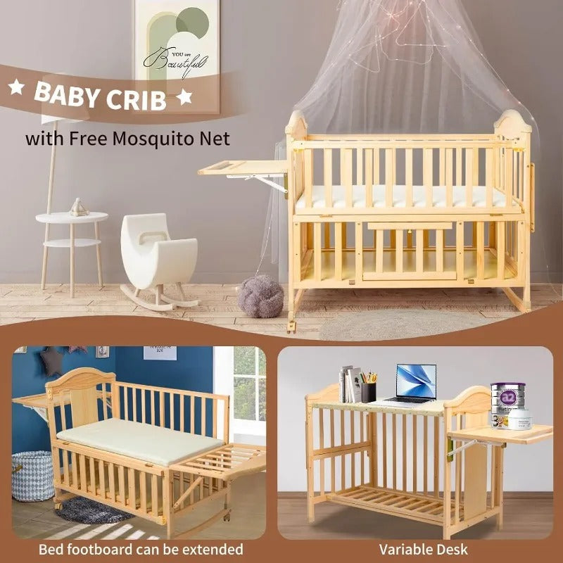 4-in-1 Convertible - Cunas para Bebes with Changing Shelf and Mattress Included,2024 Wood Baby