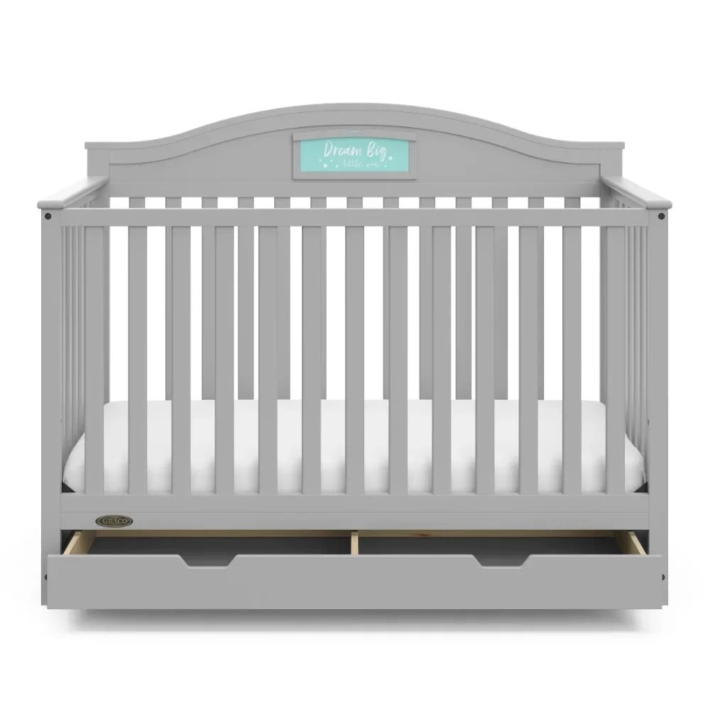 5-in-1 Convertible Baby Crib with Drawer and Reversible Headboard, Pebble Gray