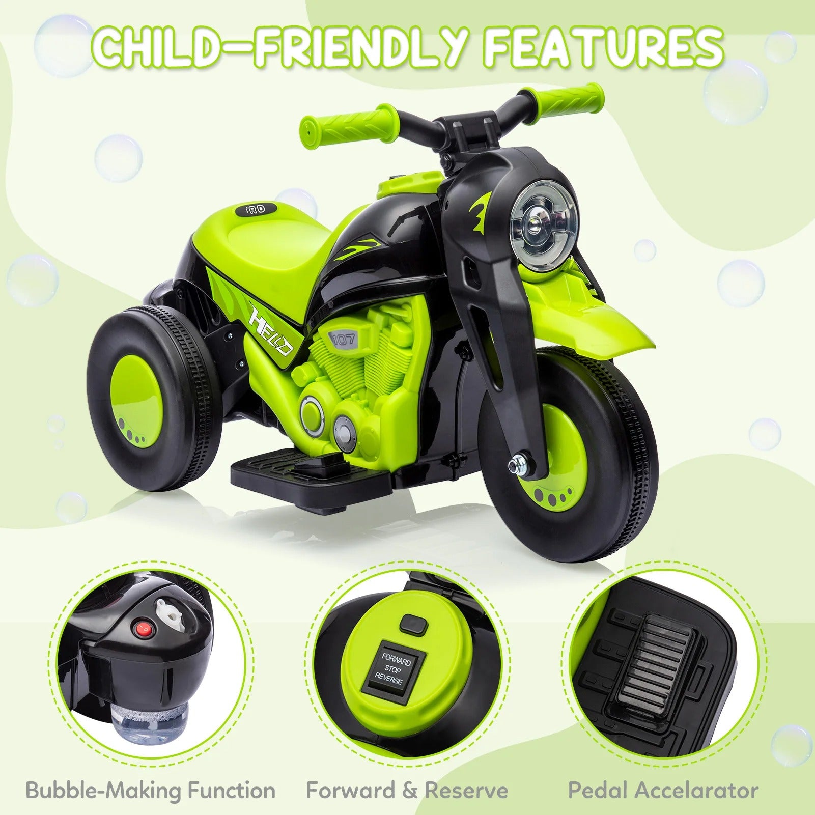 Kids Ride on Bubble Car Motorcycle, 6V Battery Powered Electric Motorbike With LED Headlights, Music, Pedal, Forward/Reserve