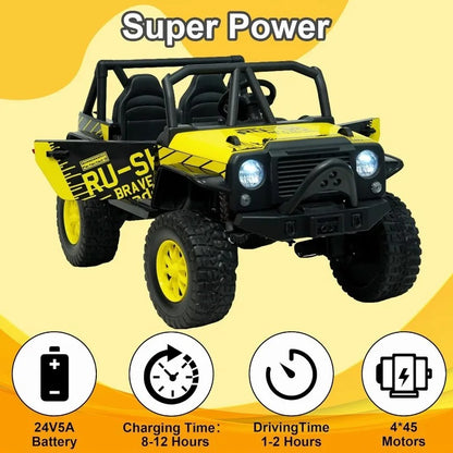 24V 2-Seater Kids Ride-On UTV – 4WD Electric Vehicle with Bluetooth & Spring Suspension (Bright Yellow)